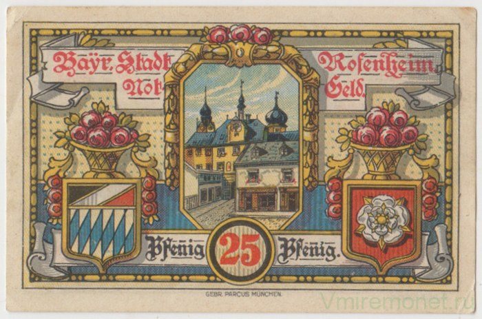 Бона. Нотгельд. Германия. Город Розенхайм. 25 пфеннигов 1921 год. Вариант 1134.1.3.1.