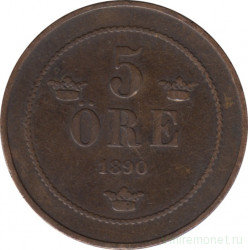 Монета. Швеция. 5 эре 1890 год.