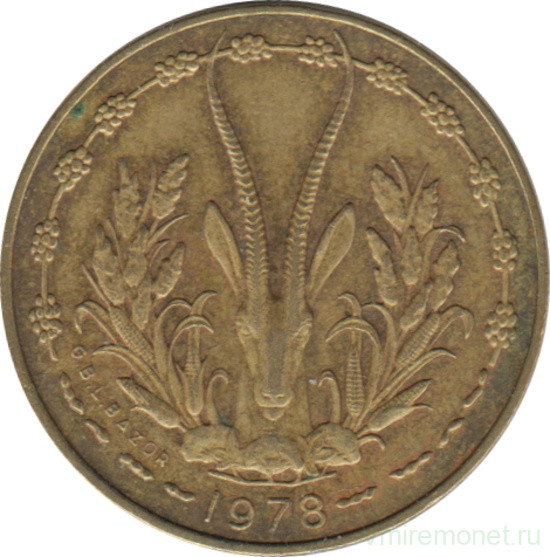 Монета. Западноафриканский экономический и валютный союз (ВСЕАО). 5 франков 1978 год.