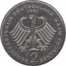 Монета. ФРГ. 2 марки 1991 год. Людвиг Эрхард. Монетный двор - Штутгарт (F). рев.