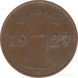 Монета. Германия. Веймарская республика. 1 рейхспфенниг 1927 год. Монетный двор - Берлин (А).
