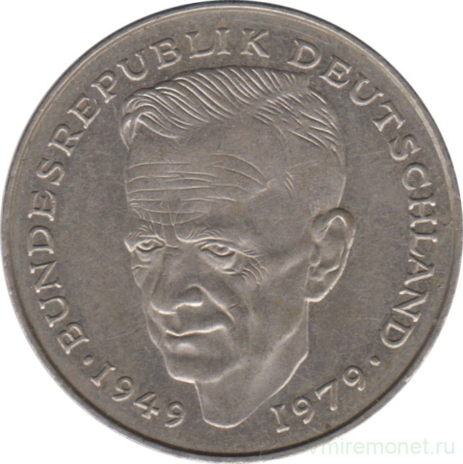 Монета. ФРГ. 2 марки 1989 год. Курт Шумахер. Монетный двор - Карлсруэ (G).