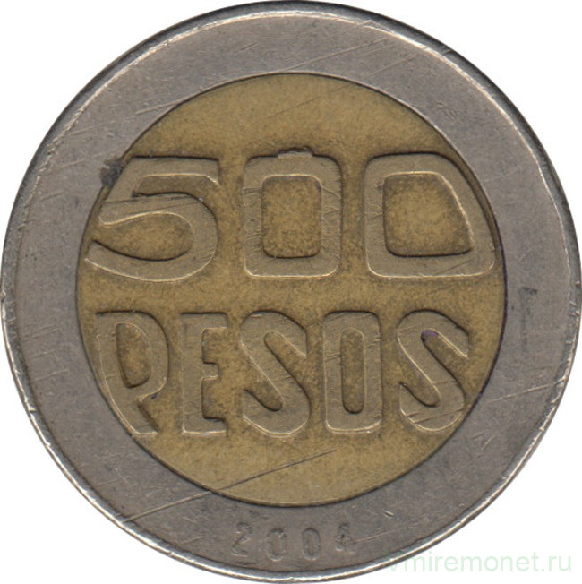 Монета. Колумбия. 500 песо 2004 год.