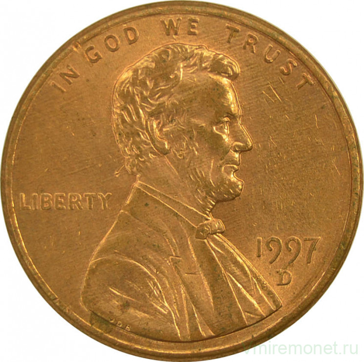 Монета. США. 1 цент 1997 год. Монетный двор D.