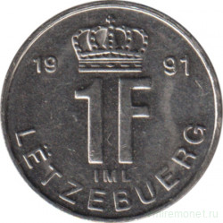 Монета. Люксембург. 1 франк 1991 год.