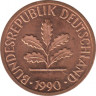  Монета. ФРГ. 1 пфенниг 1990 год. Монетный двор - Штутгарт (F). ав.