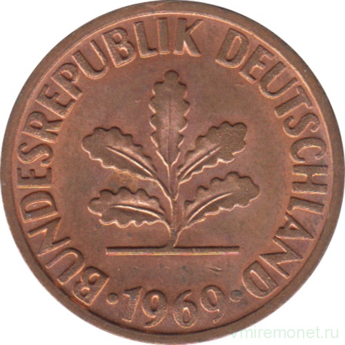 Монета. ФРГ. 2 пфеннига 1969 год. Монетный двор - Штутгарт (F).