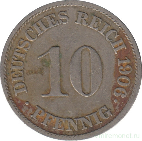 Монета. Германия (Германская империя 1871-1922). 10 пфеннигов 1906 год. (J).