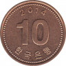 Монета. Южная Корея. 10 вон 2014 год. ав.