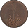Монета. Нидерланды. 1 цент 1955 год. ав.