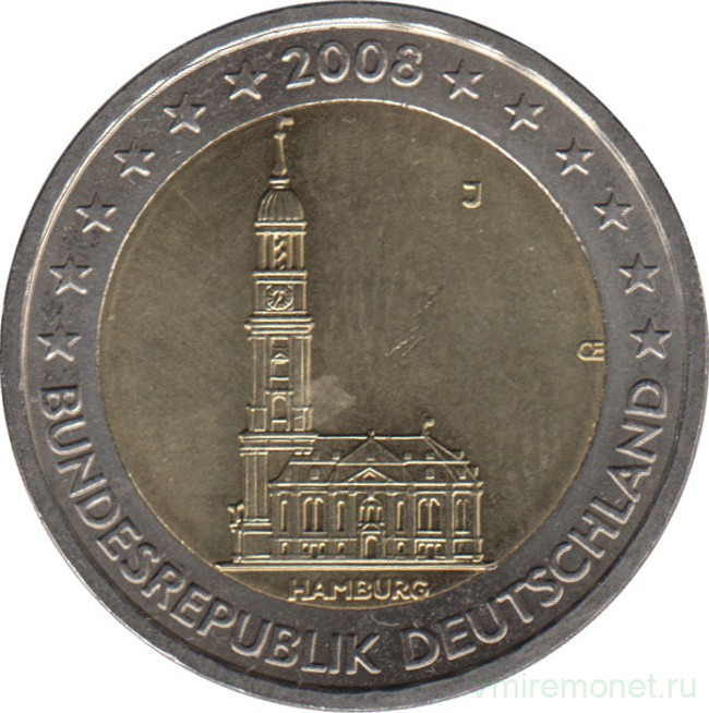 Монета. Германия. 2 евро 2008 год. Гамбург (J).