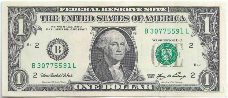 Банкнота. США. 1 доллар 2006 год. Серия B. Тип 523а.