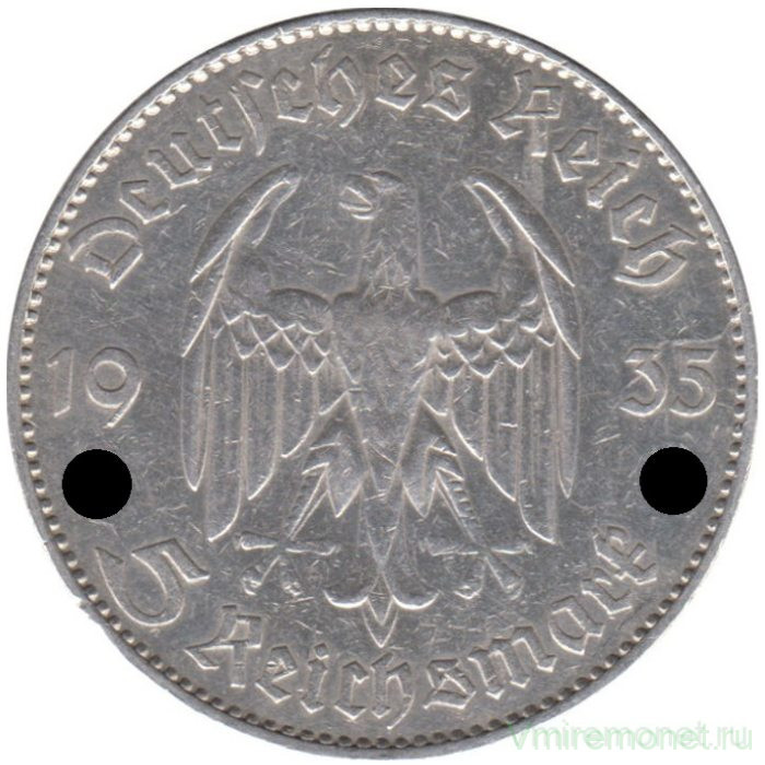 Монета. Германия. Третий Рейх. 5 рейхсмарок 1935 год. Монетный двор - Гамбург (J). Кирха. Монета. Германия. Третий Рейх. 5 рейхсмарок 1935 год. Монетный двор - Гамбург (J). Кирха.