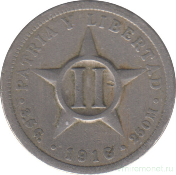 Монета. Куба. 2 сентаво 1916 год.