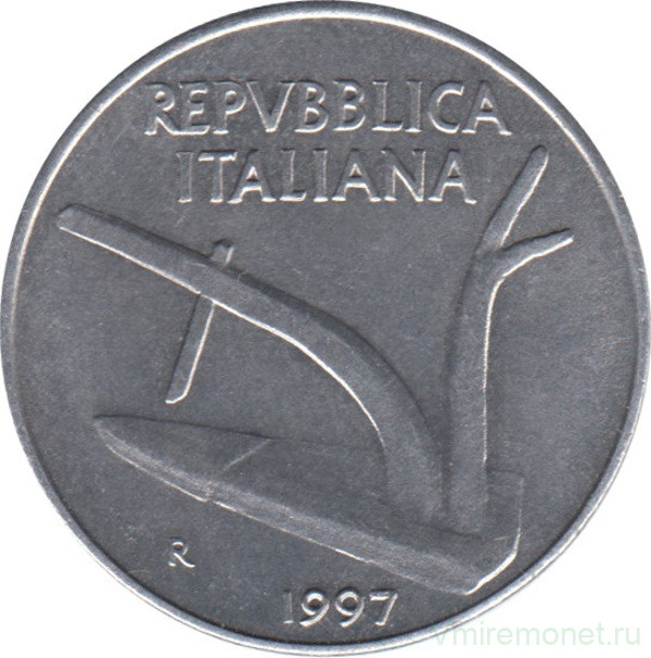 Монета. Италия. 10 лир 1997 год.