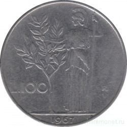 Монета. Италия. 100 лир 1967 год.
