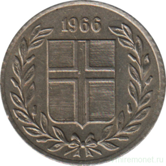Монета. Исландия. 10 аурар 1966 год.