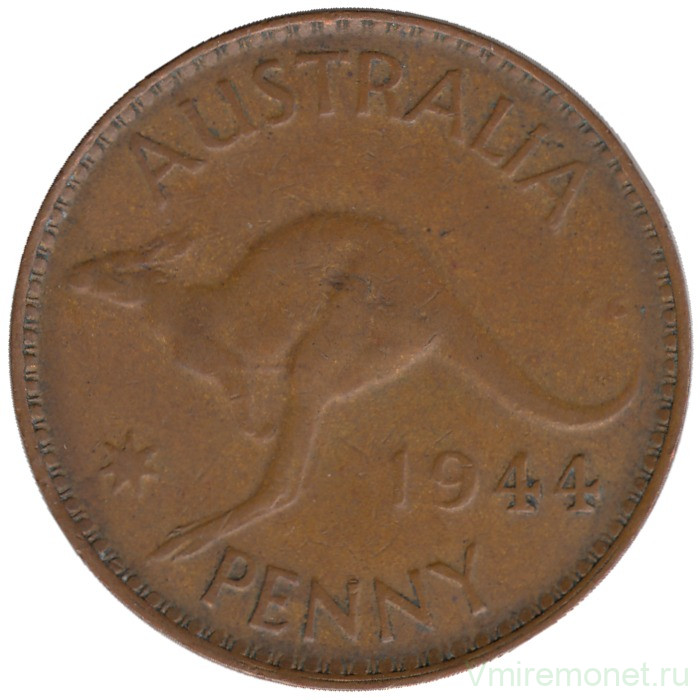 Монета. Австралия. 1 пенни 1944 год. Без точки после "PENNY".