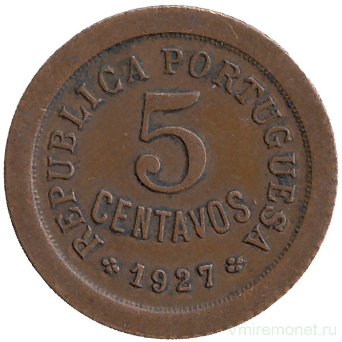 Монета. Португалия. 5 сентаво 1927 год.