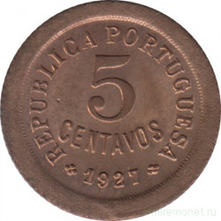 Монета. Португалия. 5 сентаво 1927 год.