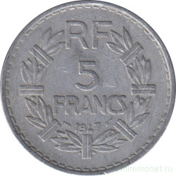 Монета. Франция. 5 франков 1947 год. Монетный двор - Париж. Аверс - закрытая 9.