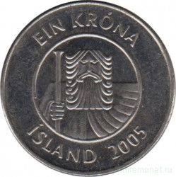 Монета. Исландия. 1 крона 2005 год.