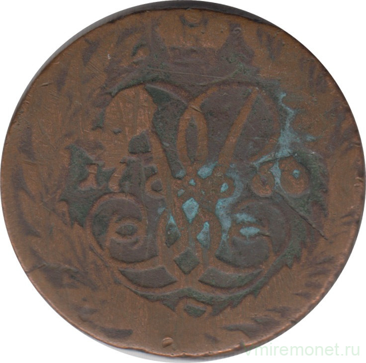 Монета. Россия. 2 копейки 1760 год. Надпись снизу.