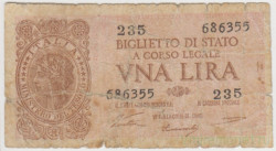 Банкнота. Италия. 1 лира 1944 год. Тип 29а.