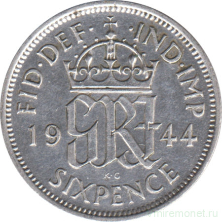 Монета. Великобритания. 6 пенсов 1944 год.