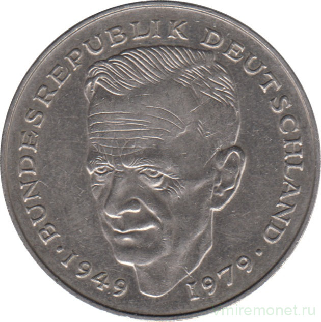 Монета. ФРГ. 2 марки 1988 год. Курт Шумахер. Монетный двор - Карлсруэ (G).