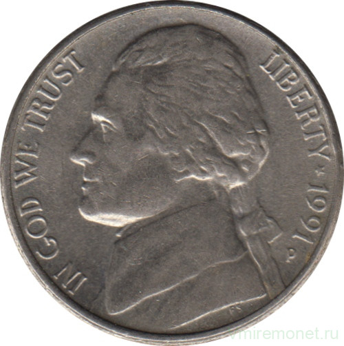 Монета. США. 5 центов 1991 год. Монетный двор P.