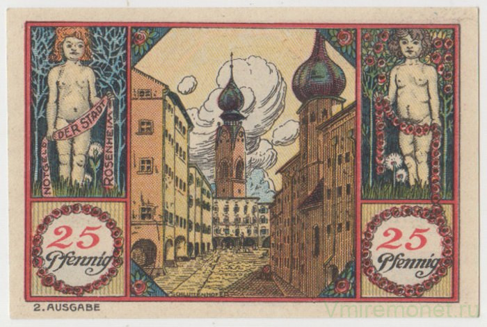 Бона. Нотгельд. Германия. Город Розенхайм. 25 пфеннигов 1921 год. Вариант 1134.1.3.2.