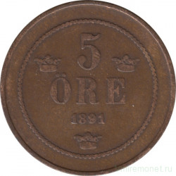 Монета. Швеция. 5 эре 1891 год.