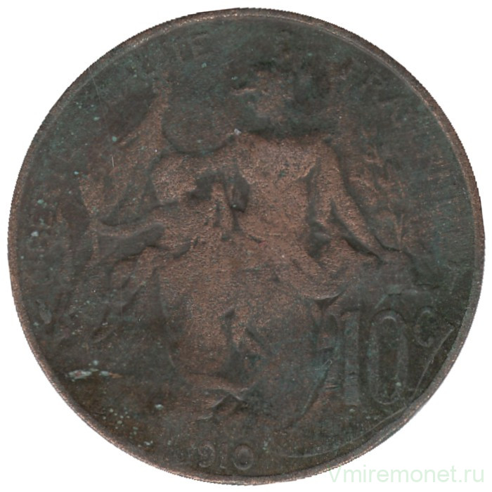 Монета. Франция. 10 сантимов 1910 год.  Монета. Франция. 10 сантимов 1910 год.