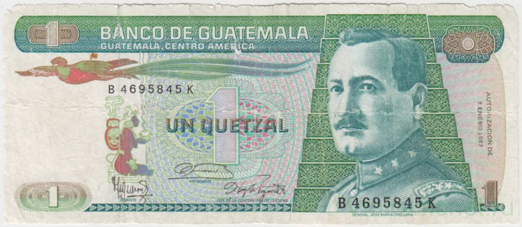 Банкнота. Гватемала. 1 кетцаль 1987 год. Тип 66.