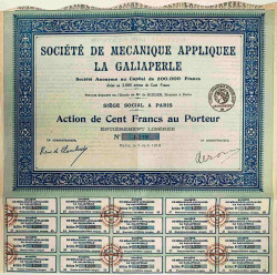 Акция. Франция. Париж. АО "SOCIÉTÉ DE MECANIQUE APPLIQUEE LA GALIAPERLE". Акция на предъявителя в 100 франков 1919 год.
