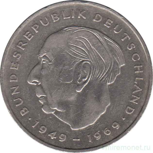 Монета. ФРГ. 2 марки 1976 год. Теодор Хойс. Монетный двор - Мюнхен (D).
