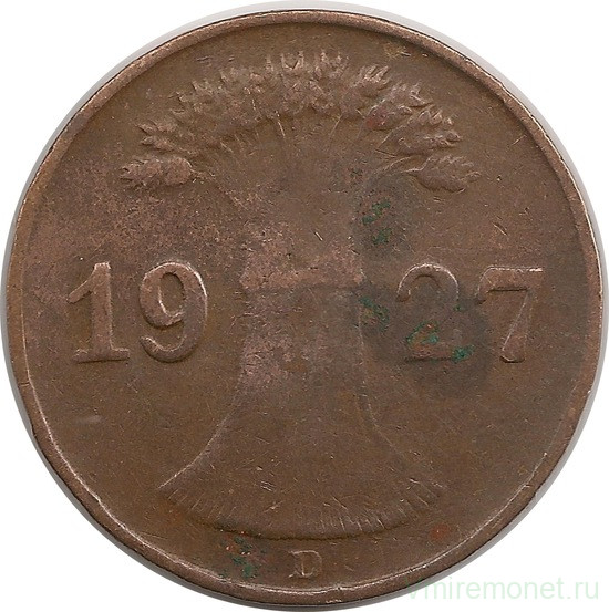 Монета. Германия. Веймарская республика. 1 рейхспфенниг 1927 год. Монетный двор - Мюнхен (D).