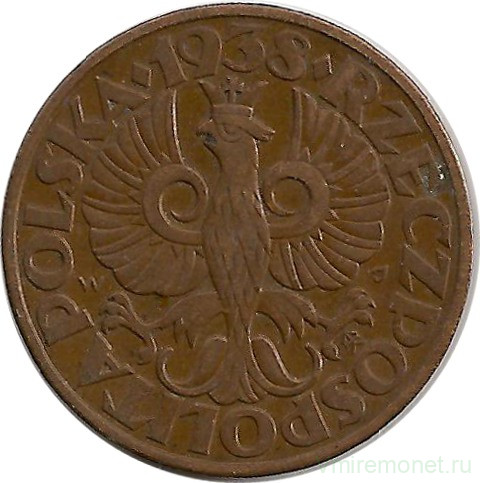Монета. Польша. 5 грошей 1938 год.