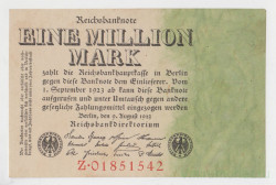 Банкнота. Германия. Веймарская республика. 1 миллион марок 1923 год. Водяной знак - дубовые листья. Серийный номер -  буква, точка, восемь цифр (красные).