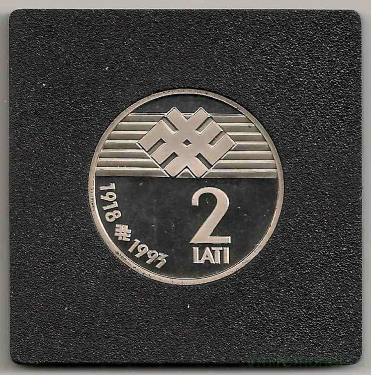 Монета. Латвия. 2 лата 1993 год. 75 лет независимости Латвийской республики (ПРУФ в квадро капсуле)