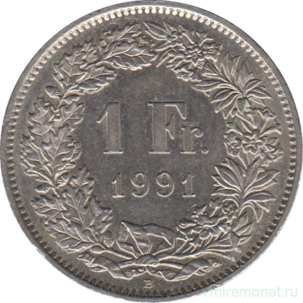 Монета. Швейцария. 1 франк 1991 год.