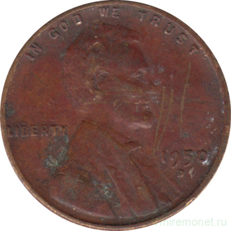 Монета. США. 1 цент 1950 год. Монетный двор D.