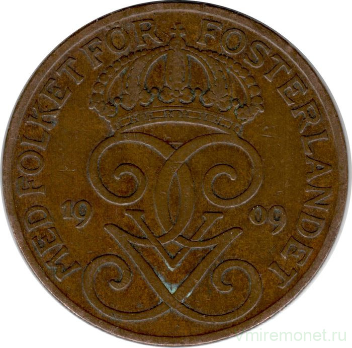 Монета. Швеция. 5 эре 1909 год (малый крест).