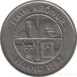 Монета. Исландия. 5 крон 1987 год.