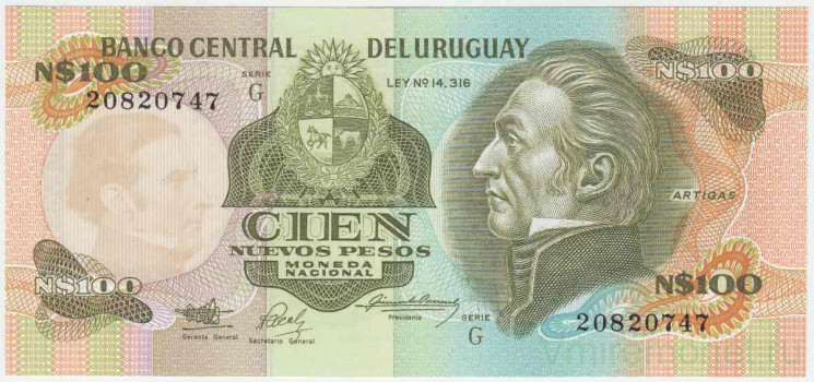Банкнота. Уругвай. 100 новых песо 1987 год. Тип 62А.