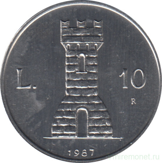 Монета. Сан-Марино. 10 лир 1987 год. 15 лет возобновления чеканки лиры.