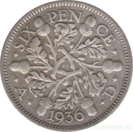 Монета. Великобритания. 6 пенсов 1936 год.