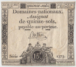 Банкнота. Франция. 15 солей 1793 год. Тип А69b.