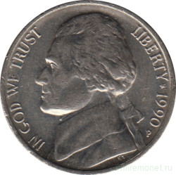 Монета. США. 5 центов 1990 год. Монетный двор P.